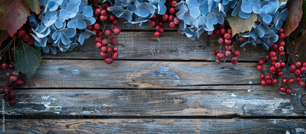 Poster beautifully fall-themed arrangement with blue hydrangea and red mountain ash berries, framing a rust