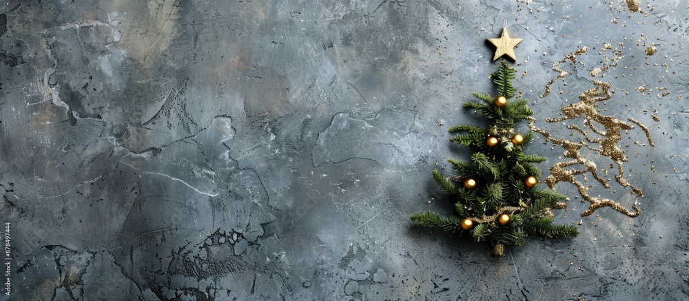 Aufkleber flat lay silhouette of a christmas tree crafted from wooden twigs adorned with gold star sequins on 