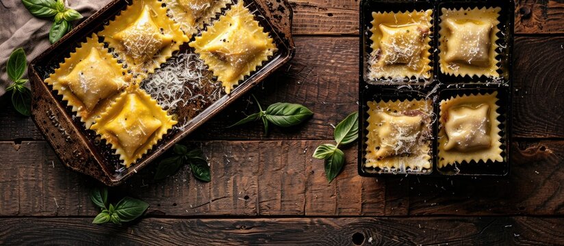 Distressed oven tray with Italian-style Porcini and Truffle Pasta Ravioloni, providing a rustic presentation for a copy space image.