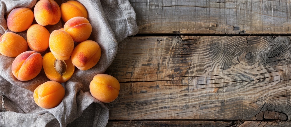 Aufkleber close-up of ripe apricots on a wooden table with a napkin, copy space image.
