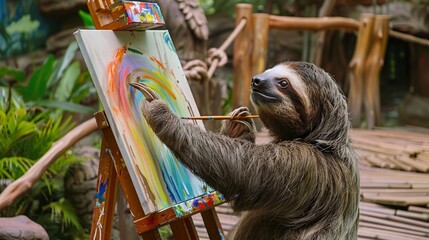 A sloth painting a canvas with bright colors in an outdoor setting