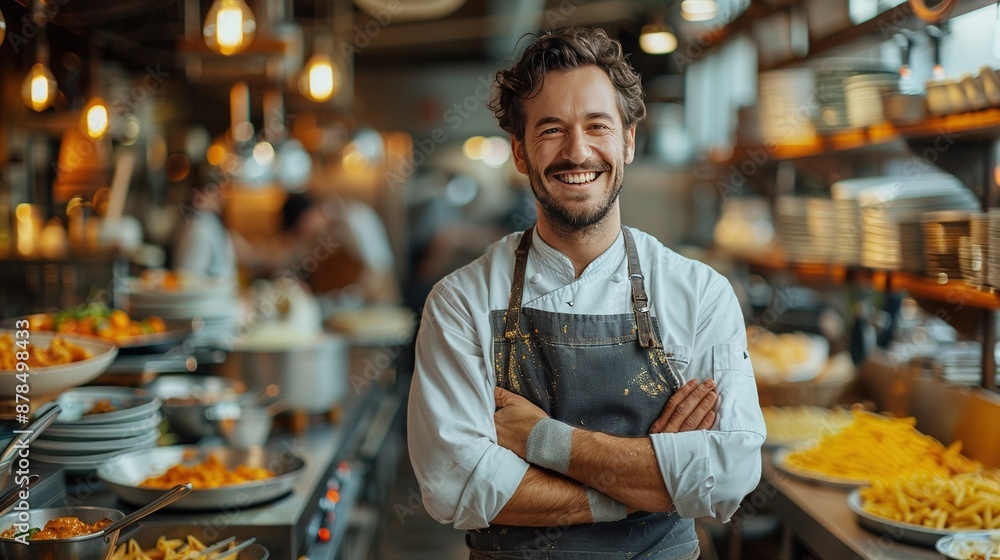 Aufkleber an apron-wearing man grinning at the camera while holding an array of dishes on a counter