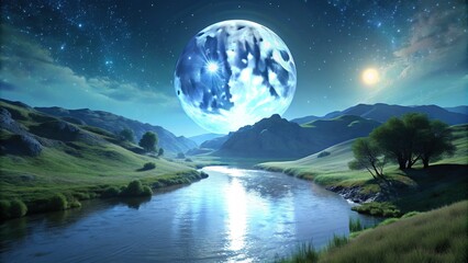 moon over hills and river Animated theme , river, over, moon