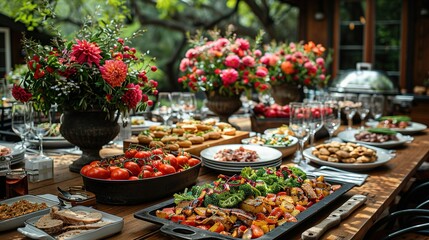   A wooden table is adorned with plates of food and a vase of flowers