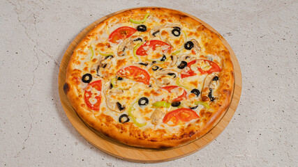 Delicious pizza isolated on wooden board