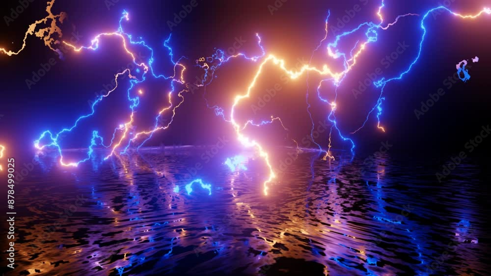 Aufkleber neon design blue red pattern of lighting. 4k video with various neon elements and a reflecting floor