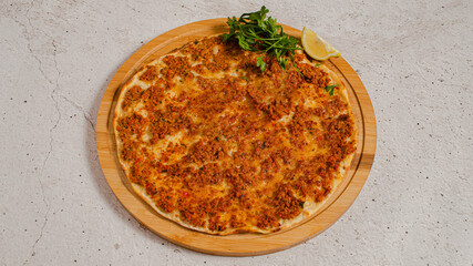 Turkish lahmacun on tray isolated