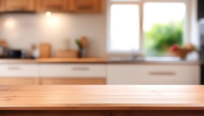 Wooden table on blurred kitchen bench background. Empty wooden table and blurred kitchen background, illustration created with generative ai.