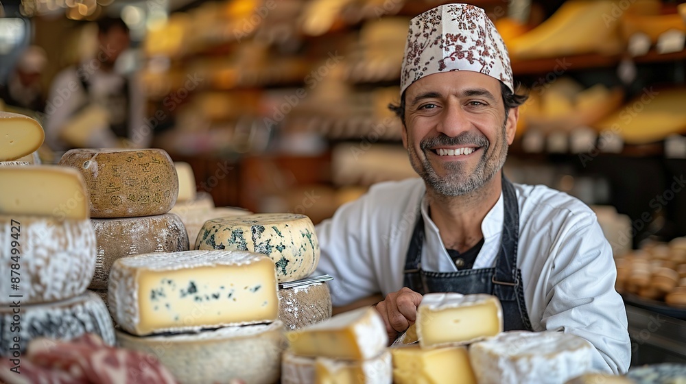 Aufkleber a smiling man in a chef's hat and apron stands in front of a cheese display in a store