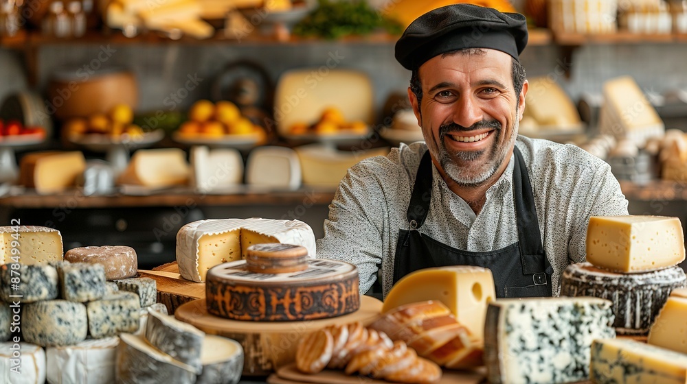Poster a man stands in front of a table with cheeses and breads on top