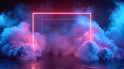 Fototapeta premium Abstract 3D ing of a night sky filled with neon geometric shapes and stormy clouds incorporating a central frame for text or copy space