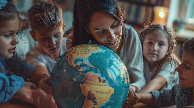 A teacher and students using a globe for a geography lesson