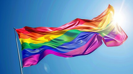 Fototapeta premium Rainbow Flag Banner: Billowing in the Wind - Clear Blue Sky Background