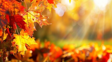 Fototapeta premium Colorful Maple Tree Branch: Autumn Nature Background Banner - Sunshine Over Meadow with Fall Leaves and Copy Space