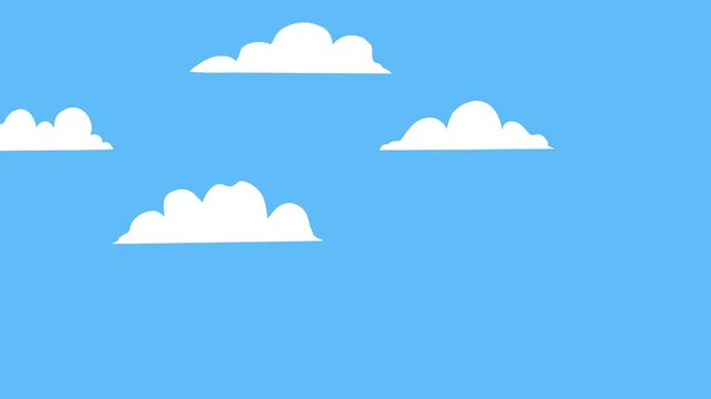 Video animation of flying clouds on blue sky. Cartoon flat style