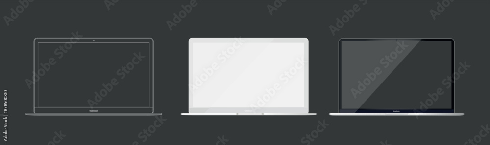 Poster laptop mockup in clay, outline, and realistic style. laptop mock up isolated on background. vector i