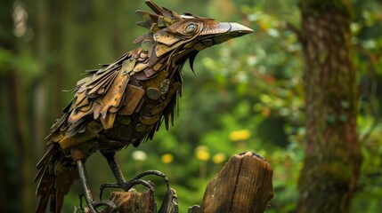 Metal bird sculpture perched on a tree stump in a forest, blending intricate details with nature's beauty and human creativity
