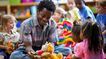A teacher using puppets to teach a lesson to young children