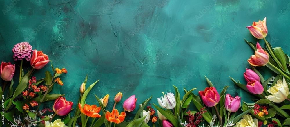 Poster top view of a festive flower composition on a green board creates a spring background with a decorat