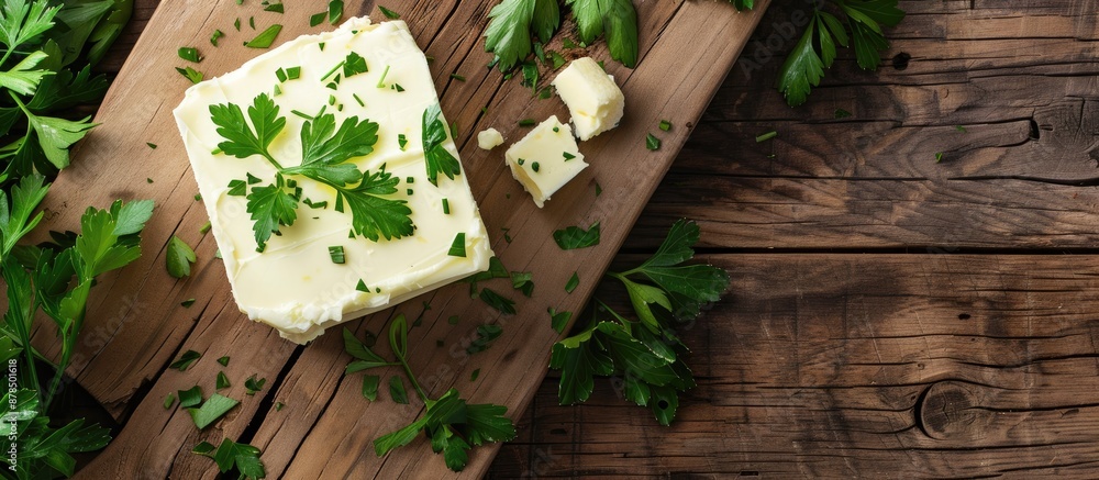 Poster top-down view of delicious butter and parsley displayed on a wooden surface with ample space for add
