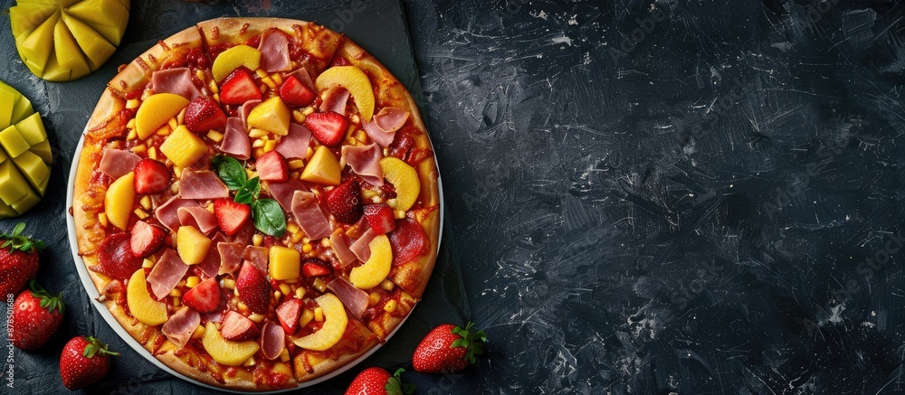 Poster top view of homemade hawaiian pizza topped with fruits and meat on a dark slate background with tabl