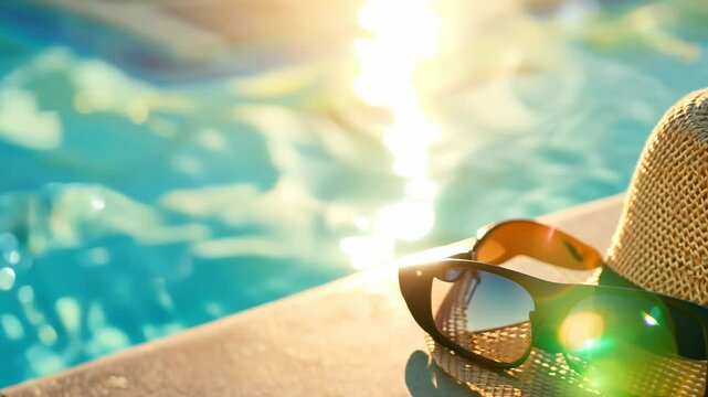 Woman relaxing by pool with hat and sunglasses on sunny day