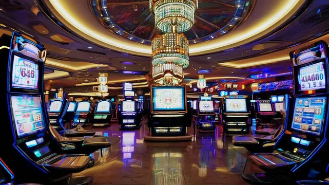 Colorful slot machines in empty casino at night