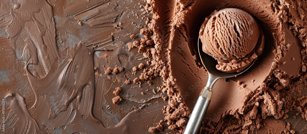 Poster Top-down view of chocolate ice cream being scooped with a blank area surrounding it for design elements, making it a versatile copy space image.