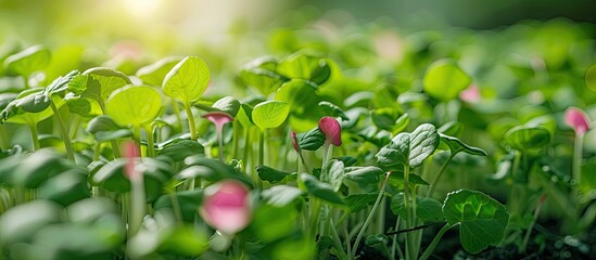 Obraz premium Fresh organic radish microgreens perfect for salads, detox, and healthy eating with selective focus on a copy space image.