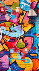 Obraz premium Colorful graffiti design on city brick wall, showcasing urban art expression with vibrant paint and intricate patterns. Reflecting creativity and street culture in modern, stylish backdrop