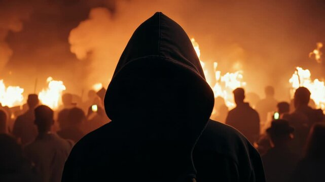 Hooded figure in a crowd during a nighttime riot with flames in the background