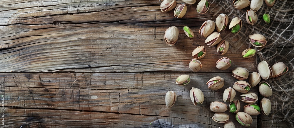 Poster green pistachio nuts with shells scattered on a wooden table providing a rustic touch with copy spac