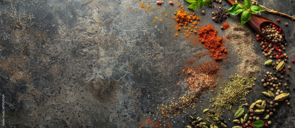 Poster various spices arranged creatively on a textured stone surface with ample copy space image.