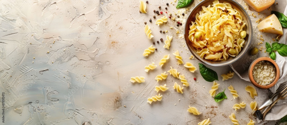 Poster top view of italian pasta with blue cheese placed on a table with ample space for adding text or gra