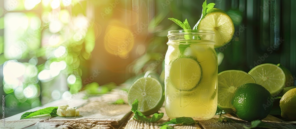 Poster table decorated with a mason jar of freshly made lime lemonade, with a backdrop that hints at a copy