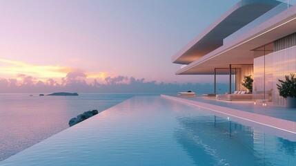 Fototapeta premium A modern villa with an infinity pool overlooking the sea. background or wallpaper. Travel and rest seaside hotel