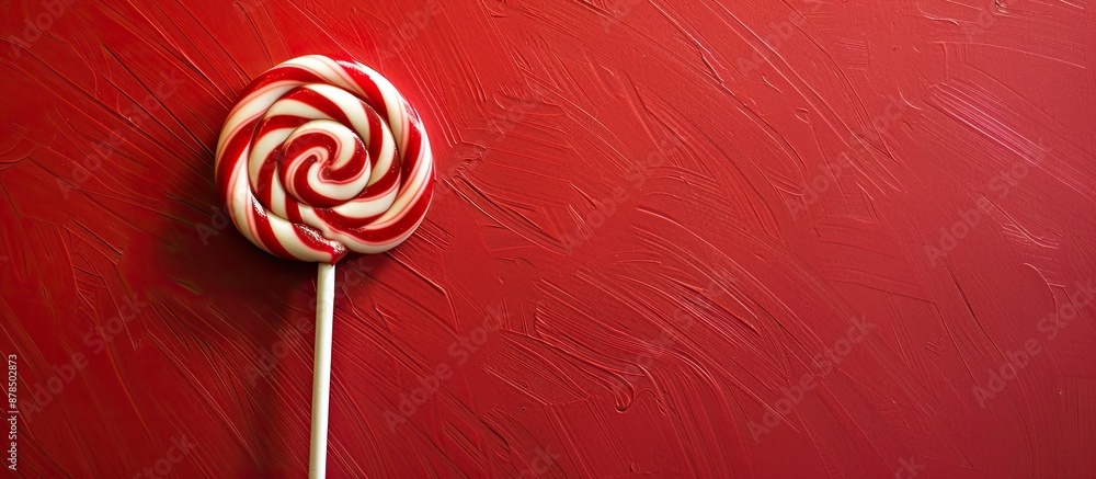Poster red and white lollipop on a white stem against a red backdrop. top angle view with ample copy space 