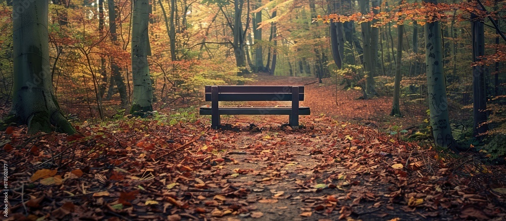 Poster in the forest, a bench with autumn leaves surrounding it provides a serene and colorful scene, creat