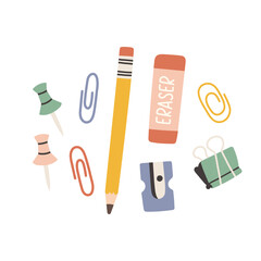Cute stationery flat set. School supplies pencil, sharpener, eraser, pin, paper clip. Back to school.