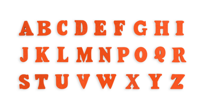 wooden letters of the English alphabet in isolated color on a white background close-up