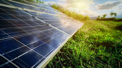 Close-Up of Photovoltaic Solar Panel on Meadow – Renewable Energy