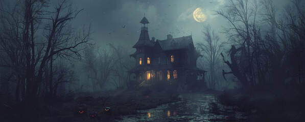 A creepy, foggy night with a haunted house in the woods