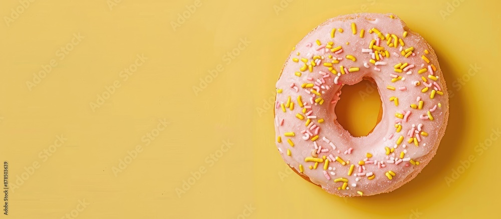 Poster top-down picture of a donut in a circular marshmallow border against a yellow backdrop with copy spa