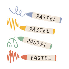 Simple oil pastel or wax pastel crayons set. Color pencils isolated on white. Kindergarten, preschool and kids concept. 