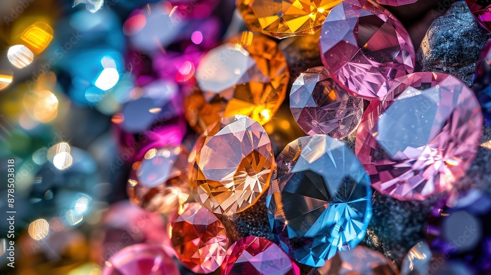 Poster a close-up of diverse diamond-like objects with varying shapes, sizes, and colors arranged in a heap