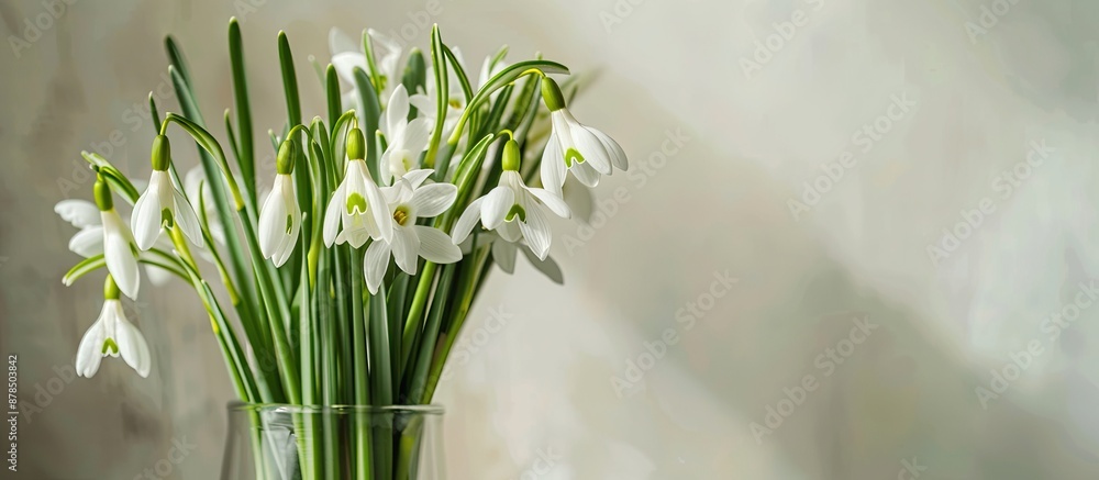 Poster spring flowers in a vase include snowdrop or lumbago on a light background, suitable for a copy spac