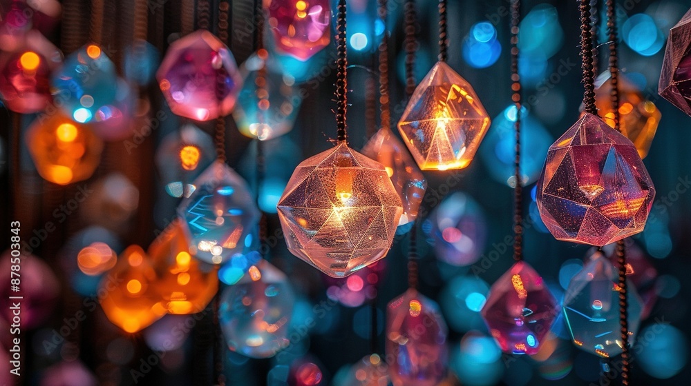 Poster a close-up of string lights hanging on a ceiling, surrounded by colorful background