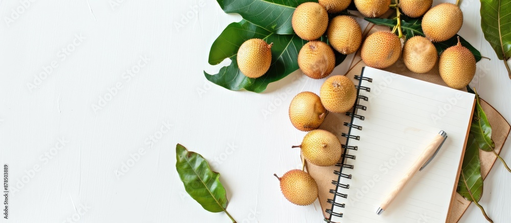 Aufkleber white background with copy space image featuring longan and notebook diary for your customization.