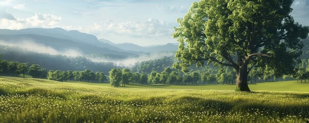 Peaceful landscape with a single oak tree in a field of grass and wildflowers, surrounded by rolling hills and mountains, bathed in morning sunlight