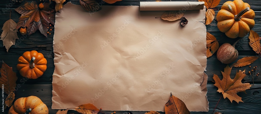 Poster top-down view of an autumn-themed setup featuring a blank paper, dried leaves, and a pumpkin on a ta